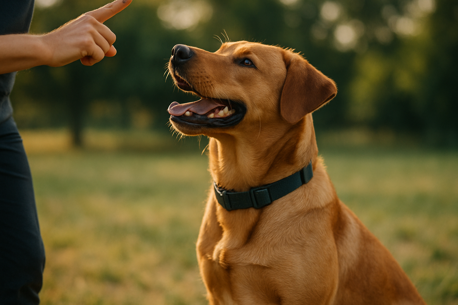 A young Golden Retriever puppy with ears back and body tensed, showing mild fear body language while a person's hand gently extends toward it in the background at a safe distance. The puppy's owner stands nearby with treats ready. The setting is a bright, calm indoor space with soft lighting, conveying a safe training environment. The image captures the beginning of positive counterconditioning work, showing both the puppy's cautious state and the controlled, patient approach to building confidence.