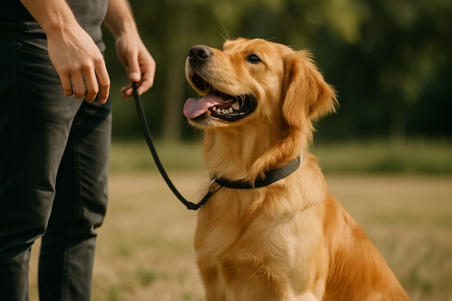 A young golden retriever puppy in a play bow position next to a calm adult dog, with a trainer in the background holding a treat and demonstrating a 'sit' command redirection. The scene is set in a bright, spacious living room with toys visible on the floor. The puppy's body language shows excitement but not active humping, capturing the moment of successful redirection during training.