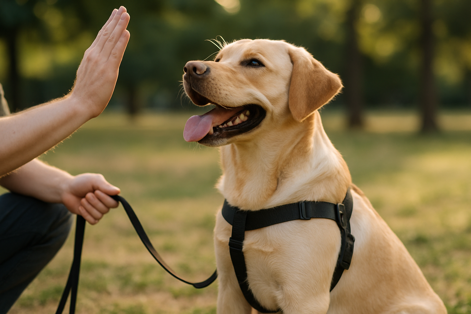 A young golden retriever puppy with front paws on the ground, calmly greeting a smiling woman who is bending slightly to pet the puppy's head. The scene is indoors near a front door, with a treat visible in the woman's hand. The puppy's body language is relaxed and happy, demonstrating the desired calm greeting behaviour. Soft natural lighting creates a warm, encouraging atmosphere.