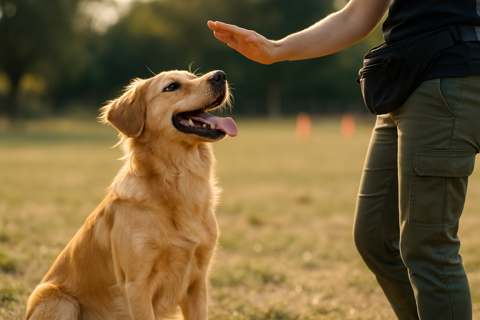A happy puppy sitting calmly on the floor while a guest kneels down to greet them gently, with the puppy's front paws firmly on the ground and tail wagging. The scene shows a calm, controlled interaction in a home setting, with the owner standing nearby supervising. The guest is making eye contact with the sitting puppy while offering a treat as a reward for polite behavior.