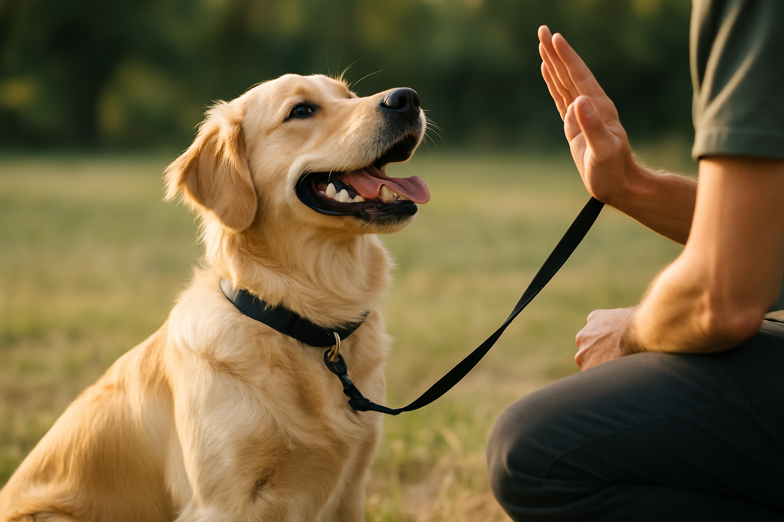 A golden retriever puppy on a leash mid-jump with front paws in the air toward the camera, while a patient owner holds a short leash with a calm, neutral expression. In the background, a sunny park setting. The image captures the moment before training intervention, showing the common jumping behavior described in the article.