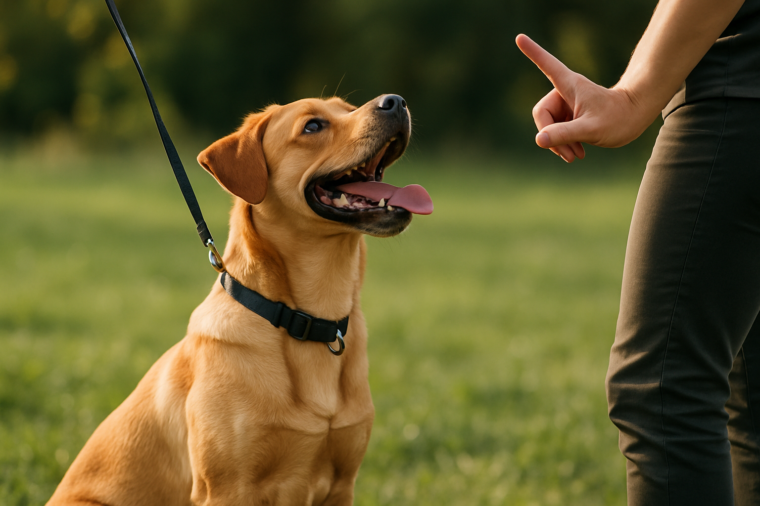 A happy golden retriever puppy with muddy paws, mid-jump toward a smiling woman in casual clothing. The woman's hands are positioned at chest height as if the puppy is jumping on her. In the background, a blurred living room setting with a front door visible. The image captures the moment of unwanted jumping behavior that the article addresses, showing both the puppy's enthusiasm and the practical challenge owners face.