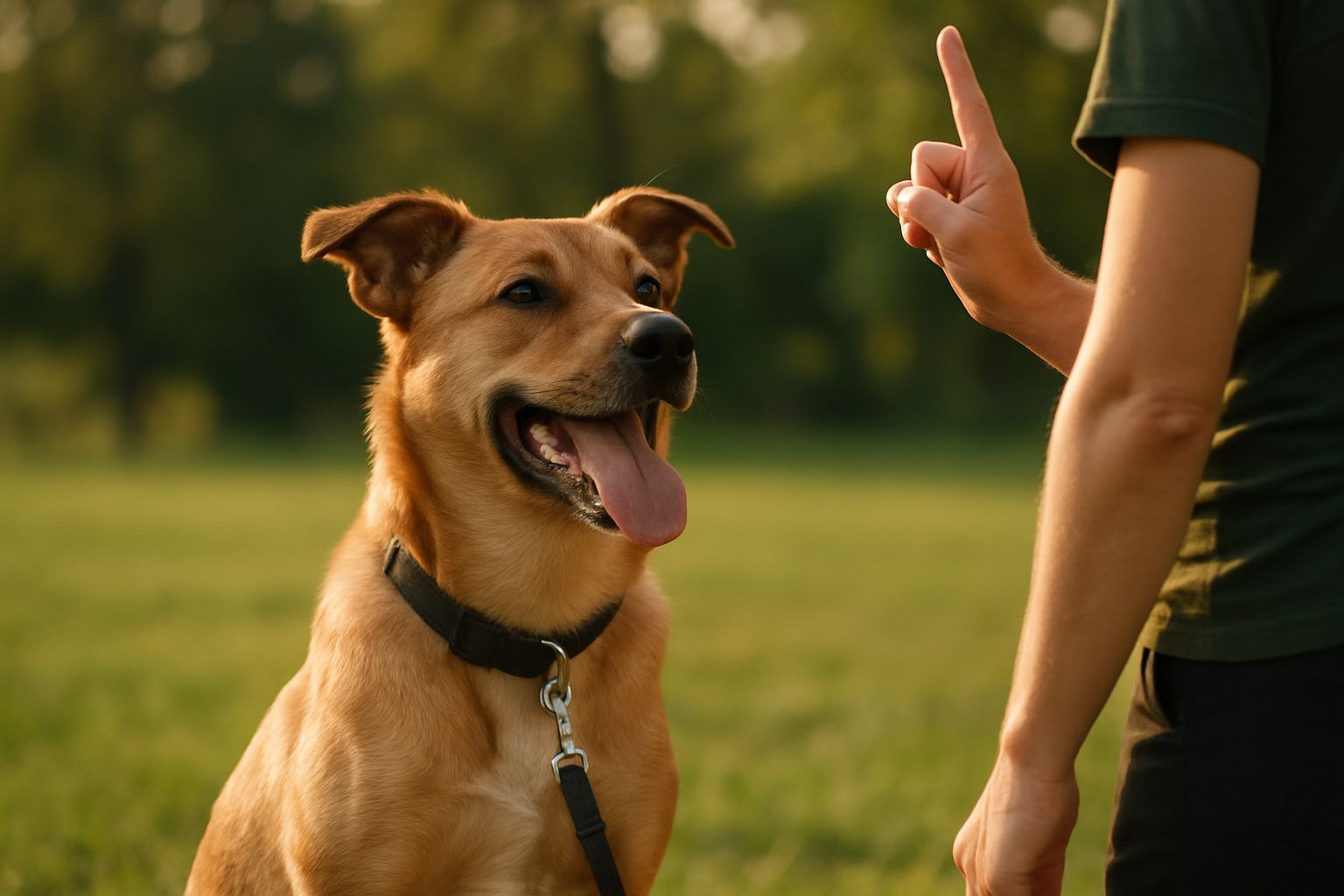 A young golden retriever puppy on a leash outdoors, attempting to bite or nip at the leash while a calm, patient owner holds it steady. The puppy's mouth is near the leash with a playful, excited expression. The setting is a quiet residential street or park path with soft natural lighting, conveying a realistic training scenario. The owner appears composed and focused, demonstrating proper handling technique.