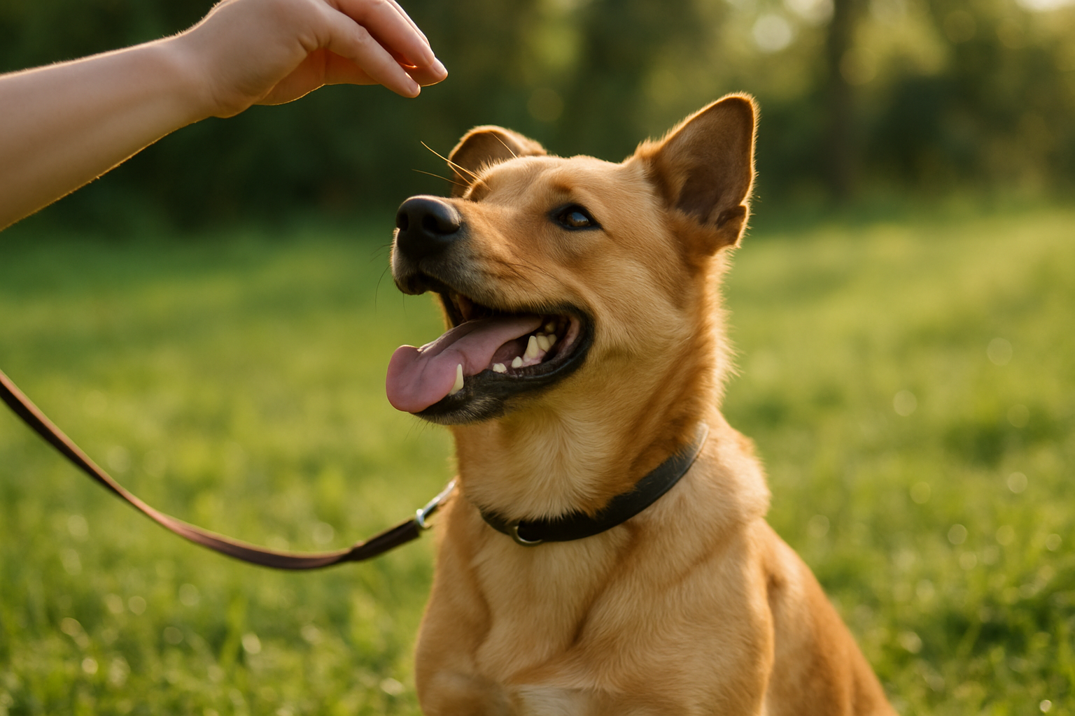 A young yellow Labrador puppy on a leash outdoors, with its mouth gently on the leash while looking up at its owner who is holding a treat in their hand to redirect attention. The owner is smiling and the puppy appears engaged with the treat rather than focused on chewing. The background shows a quiet residential street with grass, suggesting a calm training environment. The leash appears to be a chain or cable type, and the puppy is wearing a properly fitted front-clip harness.