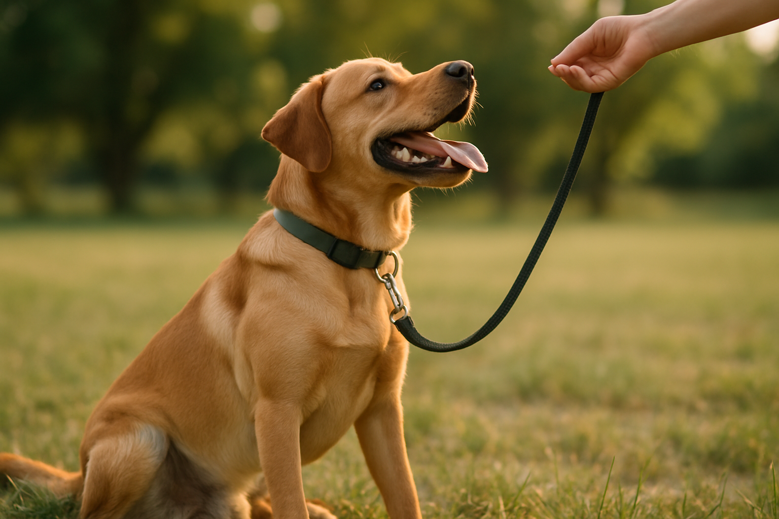 A young golden retriever puppy walking calmly beside a smiling owner on a sidewalk. The leash is visibly slack, showing no tension. The puppy is focused on the owner with a happy expression, and the owner is reaching down to give a treat or praise. The scene is set in a suburban neighborhood on a sunny day, demonstrating a successful, positive leash-walking moment.
