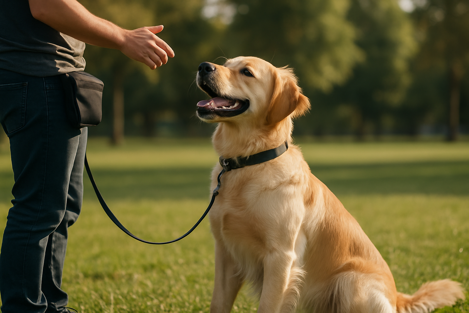 A young golden retriever puppy walking calmly beside their owner on a tree-lined street, with a loose leash and the puppy's head at the owner's knee level. The owner is smiling and looking ahead, and the puppy appears engaged and happy rather than straining forward. The leash has visible slack, demonstrating proper loose leash walking technique.