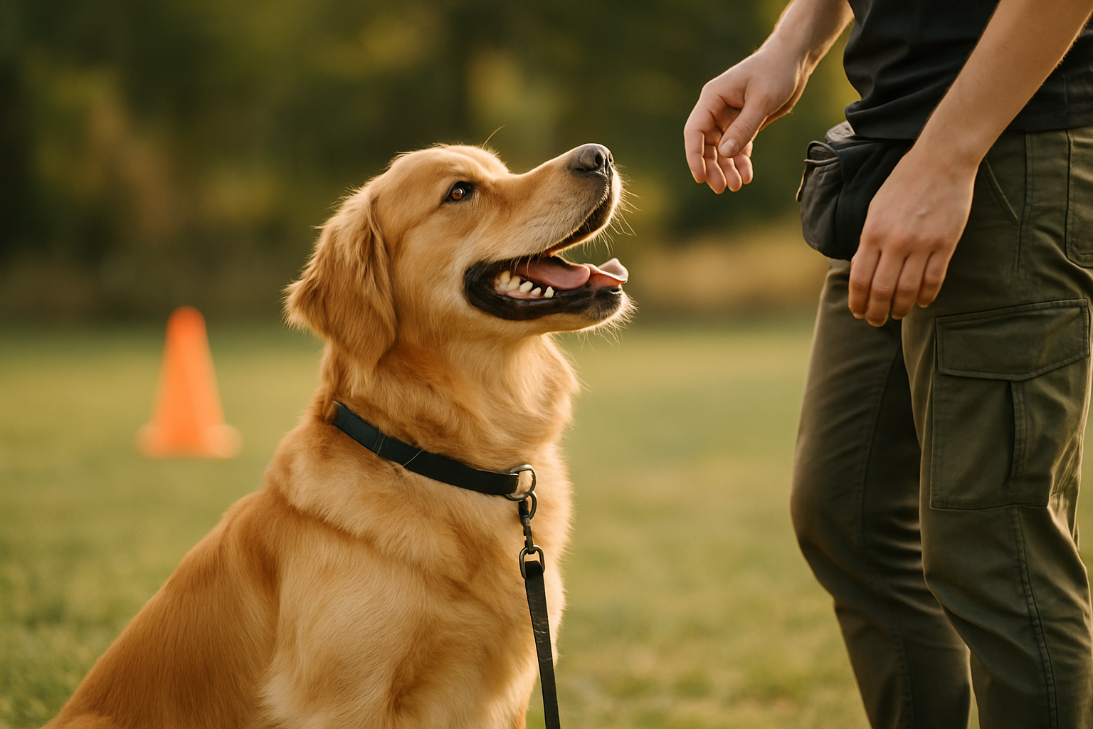 A calm, patient dog owner sitting on the floor with a young golden retriever puppy. The owner is holding a Kong toy in one hand while the puppy is gently mouthing or taking the toy. The owner's body language is relaxed and positive—no tension or frustration visible. The background shows a bright, puppy-proofed living space with toys scattered around, a comfortable dog bed, and natural sunlight coming through windows. The scene captures the essence of positive, structured puppy training in a real home environment.