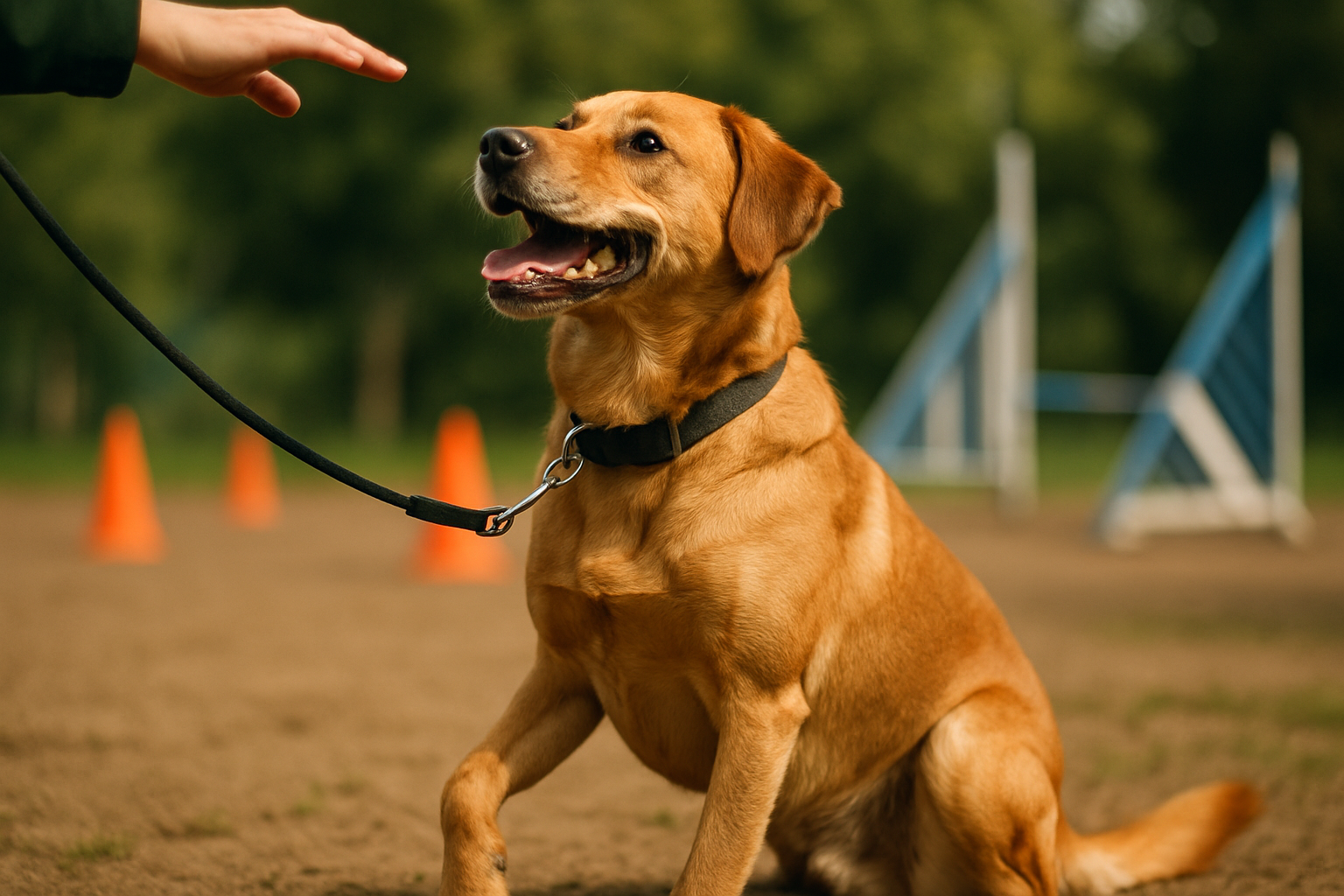 A young golden retriever puppy with a soft mouth gently taking a treat from an open hand belonging to a smiling adult, demonstrating proper bite inhibition and gentle interaction. The puppy's ears are relaxed, eyes soft, and body posture is calm. A chew toy sits nearby on the floor, symbolizing appropriate redirection. Natural indoor lighting, warm and encouraging atmosphere that shows positive training in action.