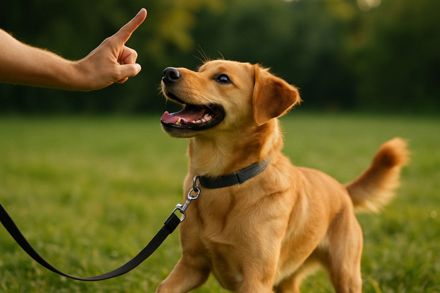 A puppy sitting attentively outside on grass near a fence, looking up at an owner's hands holding a treat. The puppy appears focused and engaged, with the outdoor potty area clearly visible in a sunny backyard setting. The image conveys positive reinforcement, outdoor training success, and the bond between owner and puppy during housebreaking.