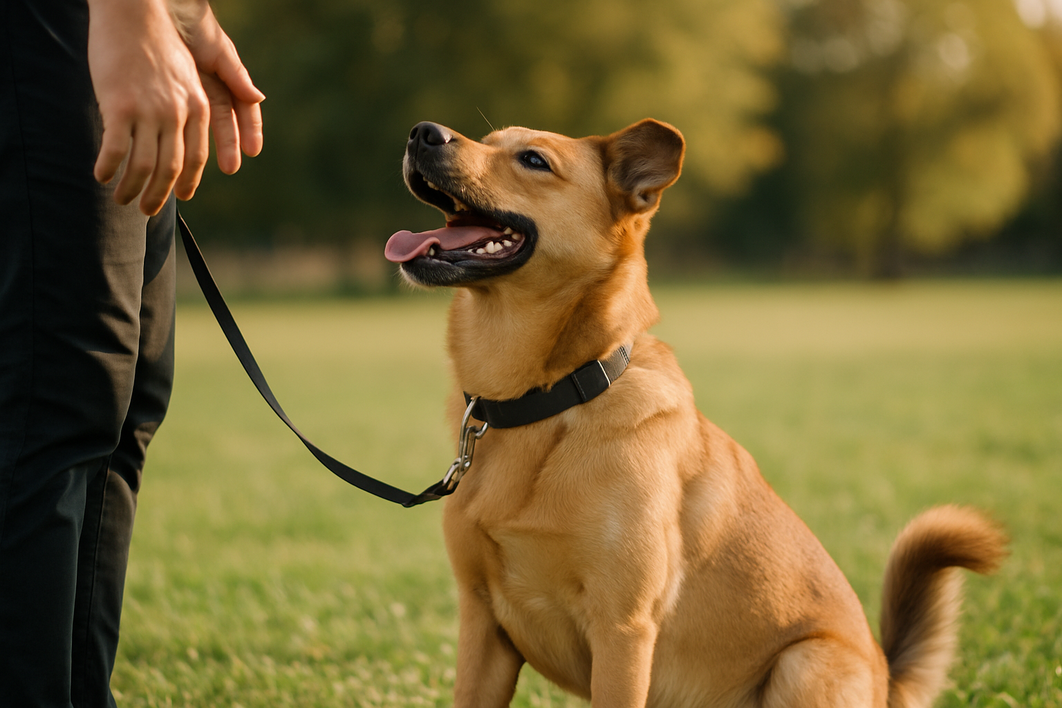 A happy golden retriever puppy walking calmly beside its owner on a quiet residential street, with a slack leash. The puppy is looking up at the owner with attention, demonstrating proper loose leash walking behavior. The owner is smiling and appears relaxed. The background shows a quiet suburban setting with minimal distractions, ideal for training.
