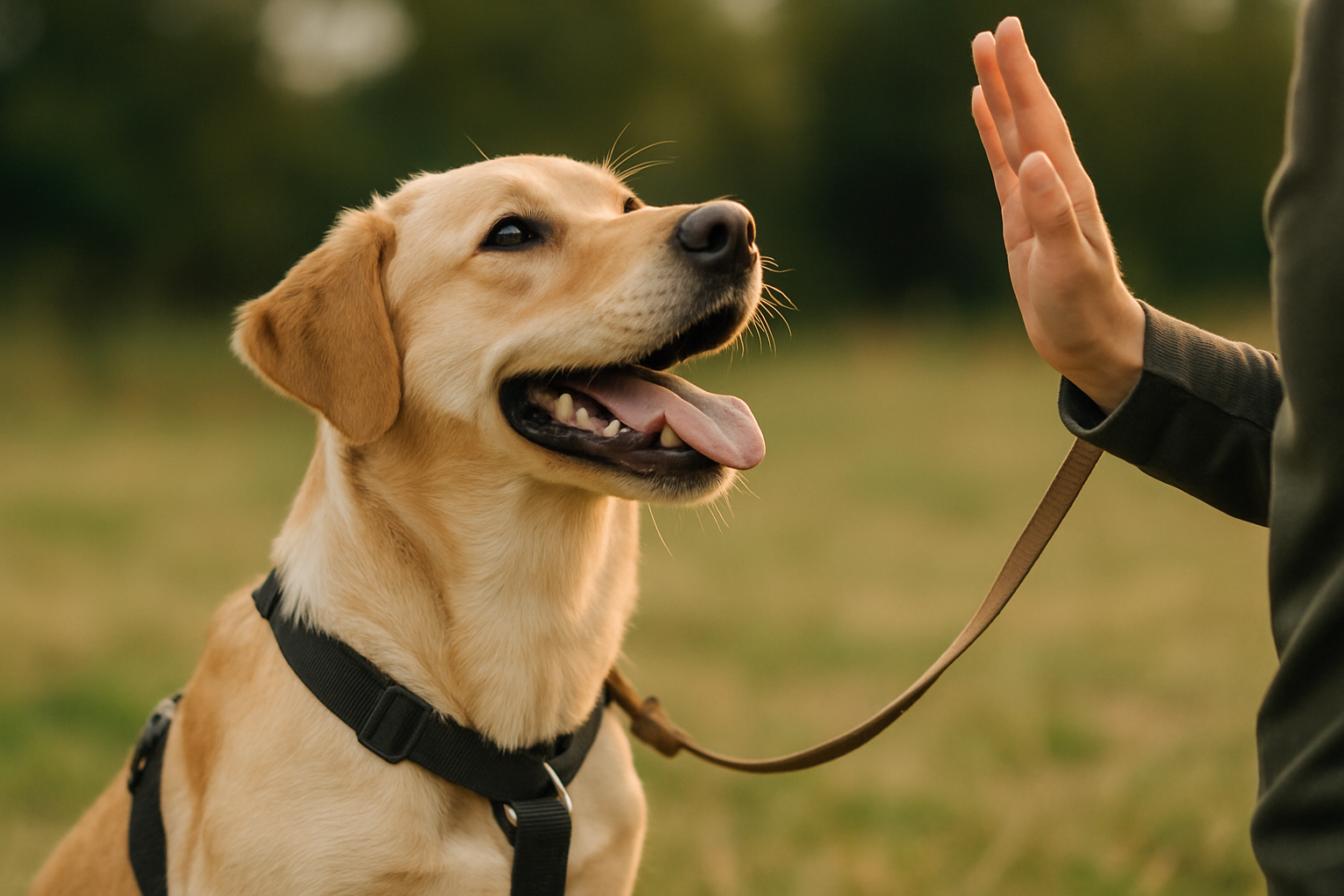 A happy puppy walking calmly beside its owner on a sunny neighborhood street, with a loose leash and the puppy's attention focused on the owner's face. The owner is smiling and appears relaxed. In the background, there are blurred trees, houses, and a park, suggesting a typical neighborhood walk. The scene captures the ideal outcome of successful leash training—a peaceful, enjoyable walk where both dog and owner are happy and engaged.