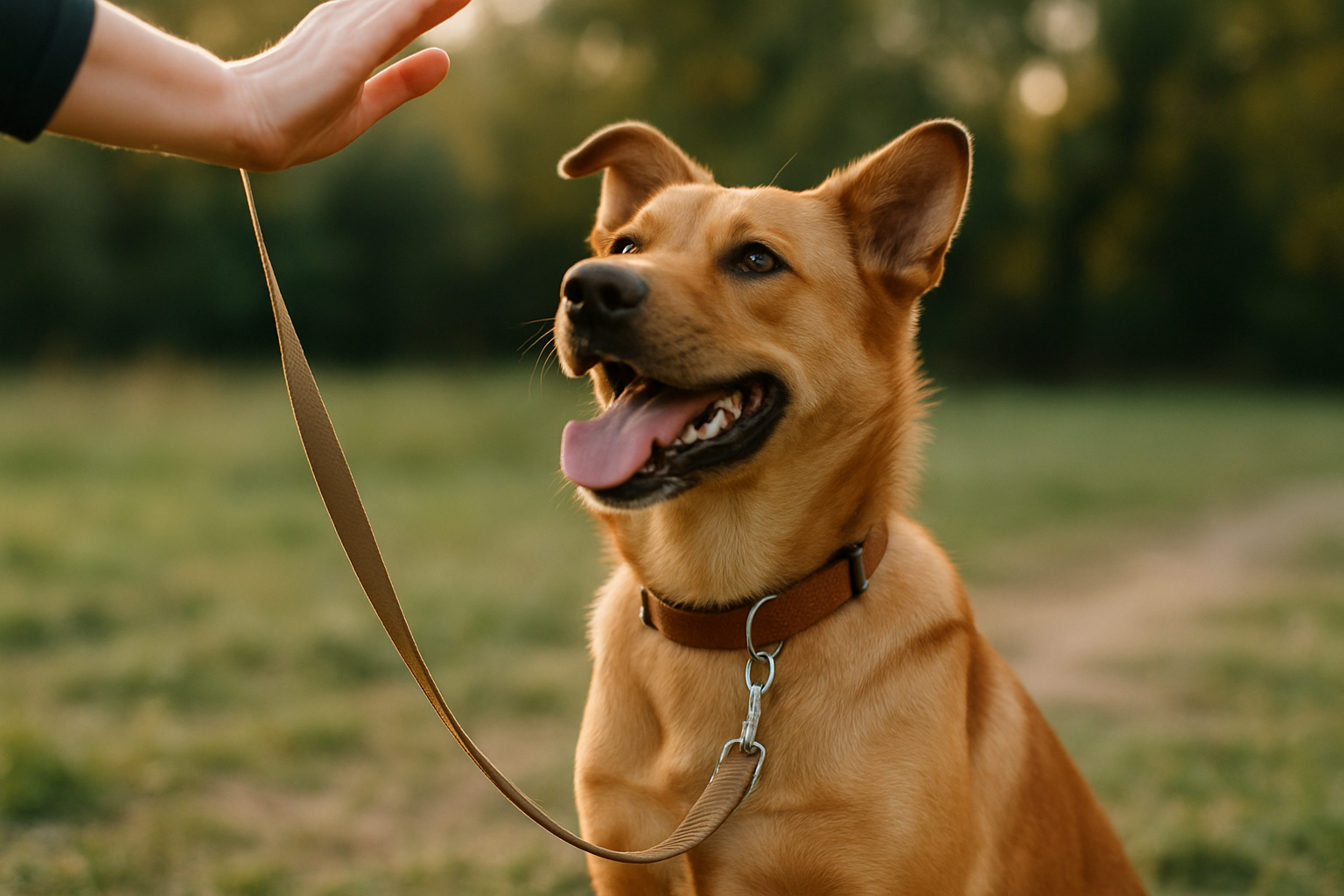 A calm golden retriever puppy walking on a loose leash next to an owner wearing a relaxed posture, with another dog visible in the background at a distance. The puppy is focused forward, not pulling or lunging, demonstrating successful leash manners during a walk in a park setting with green grass and trees.