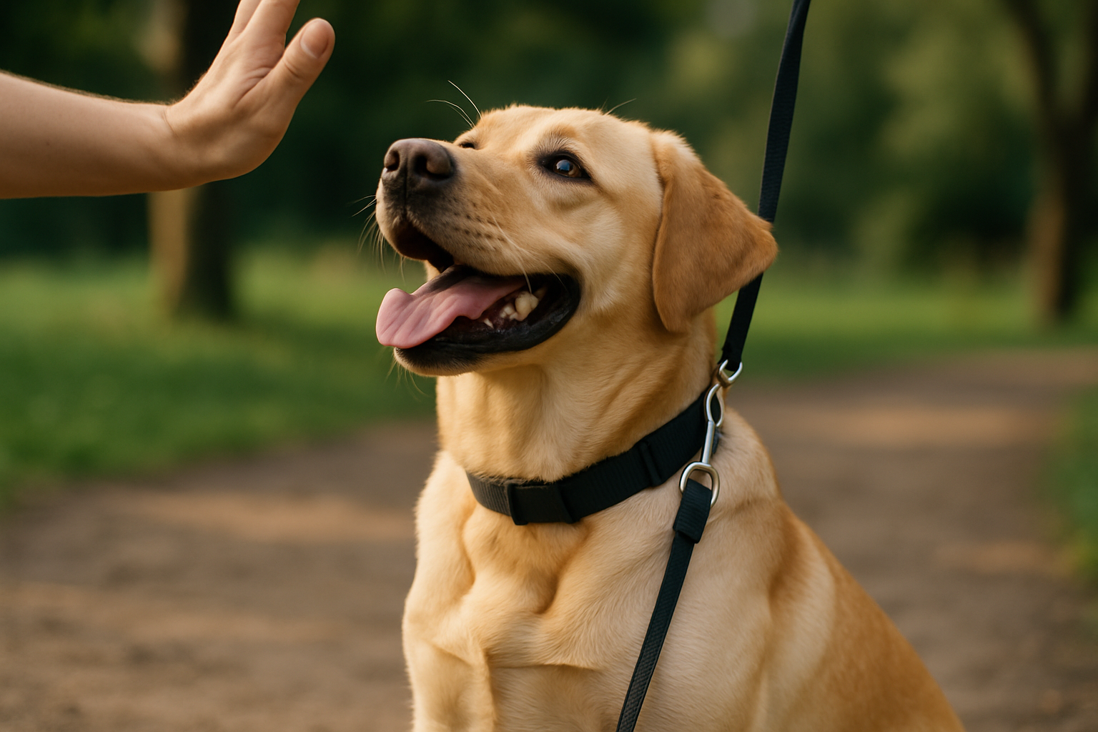 A young golden retriever puppy in mid-run across a grassy yard, with the handler's arm raised in an emergency stop signal in the background. The puppy appears to be beginning to slow down and sit. The scene is bright and sunny, with a clear training environment free of distractions. The handler is positioned at a distance (approximately 10-15 feet away), demonstrating the distance-based nature of emergency stop training.