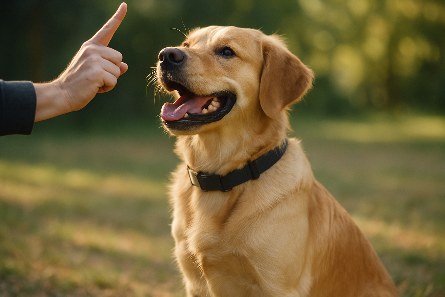 A calm golden retriever puppy sitting politely in front of an open door while a visitor stands in the doorway. The puppy is focused on the owner (visible partially in frame) rather than the visitor, demonstrating composed greeting behavior. Natural home setting with warm lighting, showing a peaceful moment rather than chaos. The puppy's body language is relaxed and controlled, with ears in a neutral position and a soft gaze.