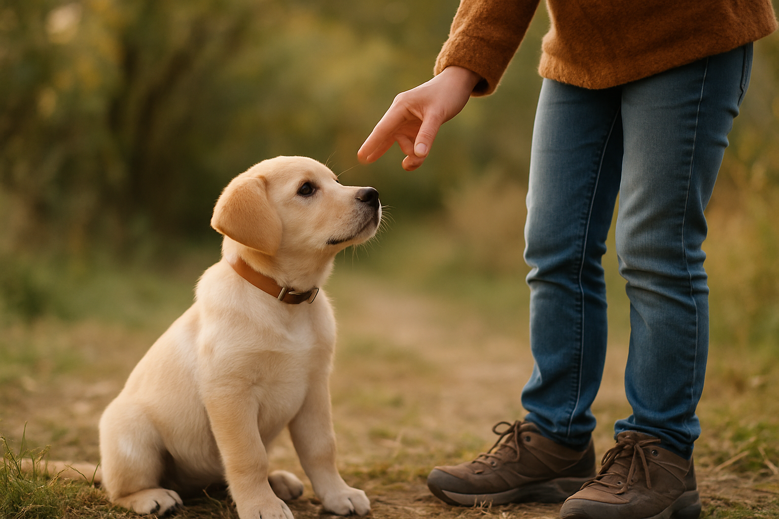 A young golden retriever puppy sitting calmly on an indoor wooden floor, looking up at their owner's face with attentive eyes while the owner holds a closed fist at waist level containing a low-value training item. Bright natural light from a window illuminates the scene, creating a warm, encouraging training environment. A small pile of high-value training treats sits on the floor nearby, and the puppy's collar and short leash are visible, emphasizing the controlled, positive training setup.