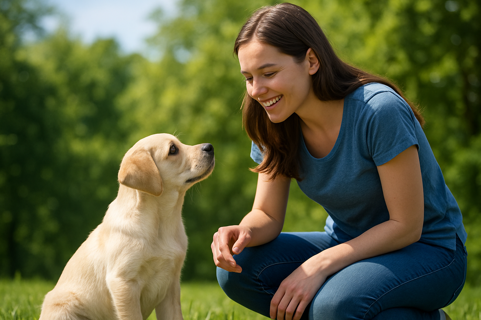 A happy young Golden Retriever puppy, approximately 8-10 weeks old, running toward a smiling woman in a bright, sunny garden. The puppy's ears are flying, tongue out in joy, and the woman is crouching slightly with an open, welcoming posture. Lush green grass surrounds them, with a blurred fence and garden flowers in the background. The woman holds a small treat pouch at her waist. The scene captures the moment of successful recall—the puppy mid-sprint toward their owner, embodying trust, enthusiasm, and the joy of positive dog training.