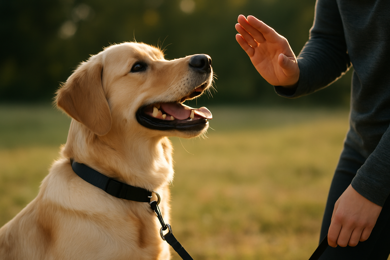 A happy puppy with paws on the ground sitting calmly while a person approaches with a treat extended. The puppy is focused on the treat, demonstrating the desired calm greeting behavior. The setting is a bright, neutral home interior with a front door visible in the background. The person is smiling, showing positive reinforcement during training.