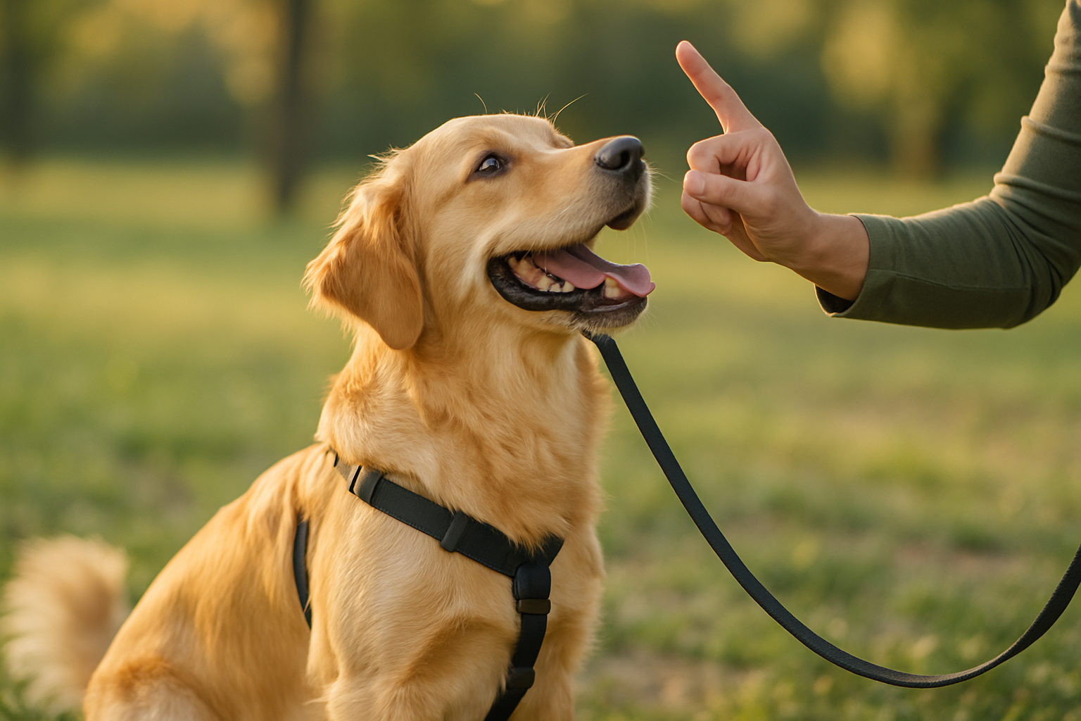 A calm, golden-colored puppy on a leash walking beside its owner on a quiet neighborhood sidewalk. A stranger is visible in the background at a comfortable distance, smiling warmly. The puppy appears relaxed with a soft expression, demonstrating calm behavior around the unfamiliar person. Bright, natural daylight and green grass visible in the scene, conveying a peaceful training moment.