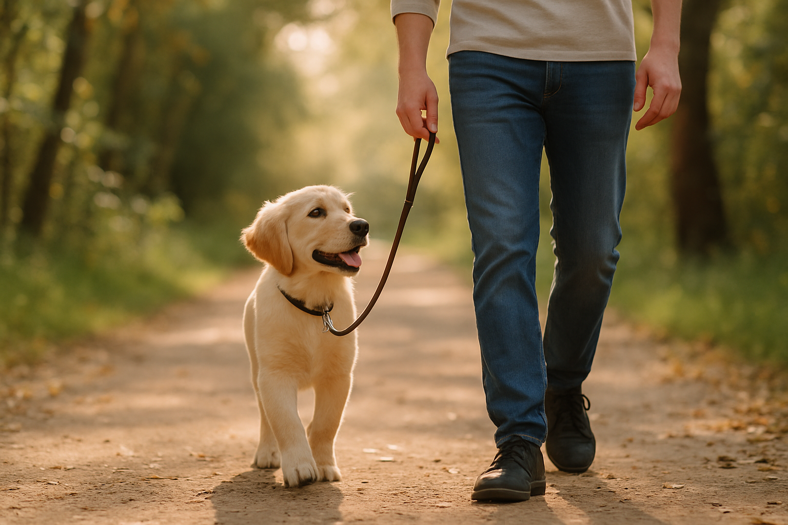 A young golden retriever puppy walking happily beside its owner on a grassy path with a loose leash. The puppy is looking up at the owner with engagement and interest, with clear slack visible in the leash. The owner is smiling and appears relaxed, holding a treat in their hand. Dappled sunlight filters through trees in the background, creating a calm, positive training environment. The scene captures the ideal outcome of loose leash training—a puppy choosing to stay close to their handler rather than pulling ahead.
