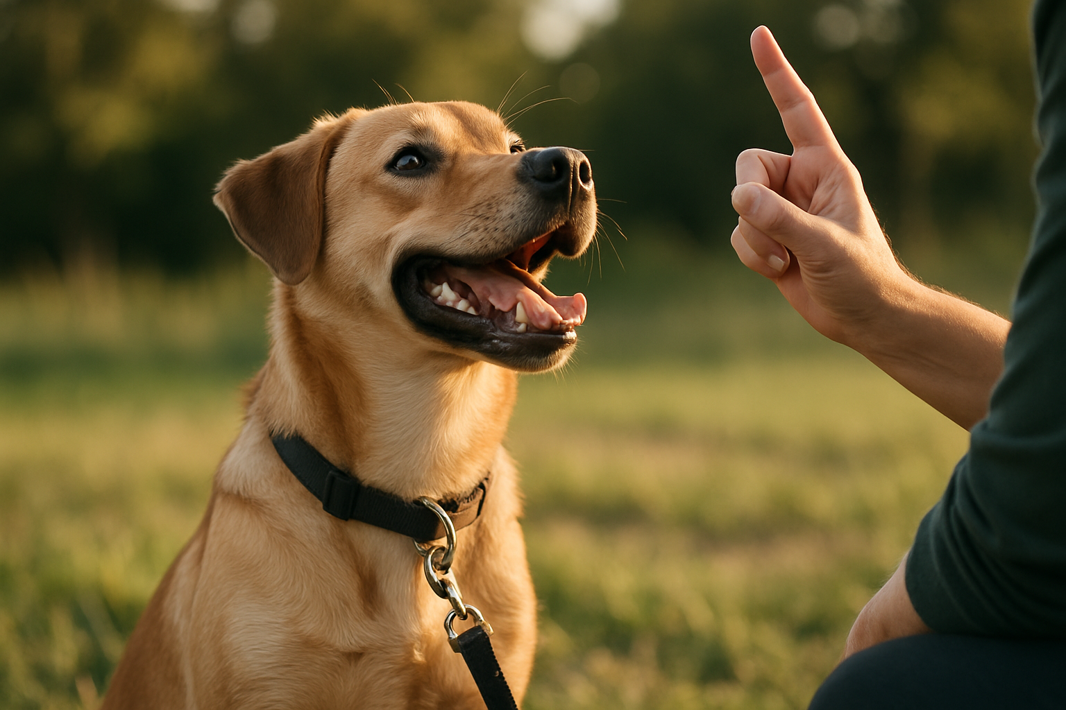 A young golden retriever puppy wearing a properly fitted front-clip harness walks calmly beside a smiling owner on a 6-foot leash in a quiet residential neighborhood. The puppy's leash is loose with slack visible, and the puppy is positioned at the owner's leg level. The owner is holding a small treat at waist level, and the puppy's attention is focused on the owner rather than environmental distractions. The scene captures a successful loose leash walking moment with clear body language showing the puppy's engagement and calm demeanor.