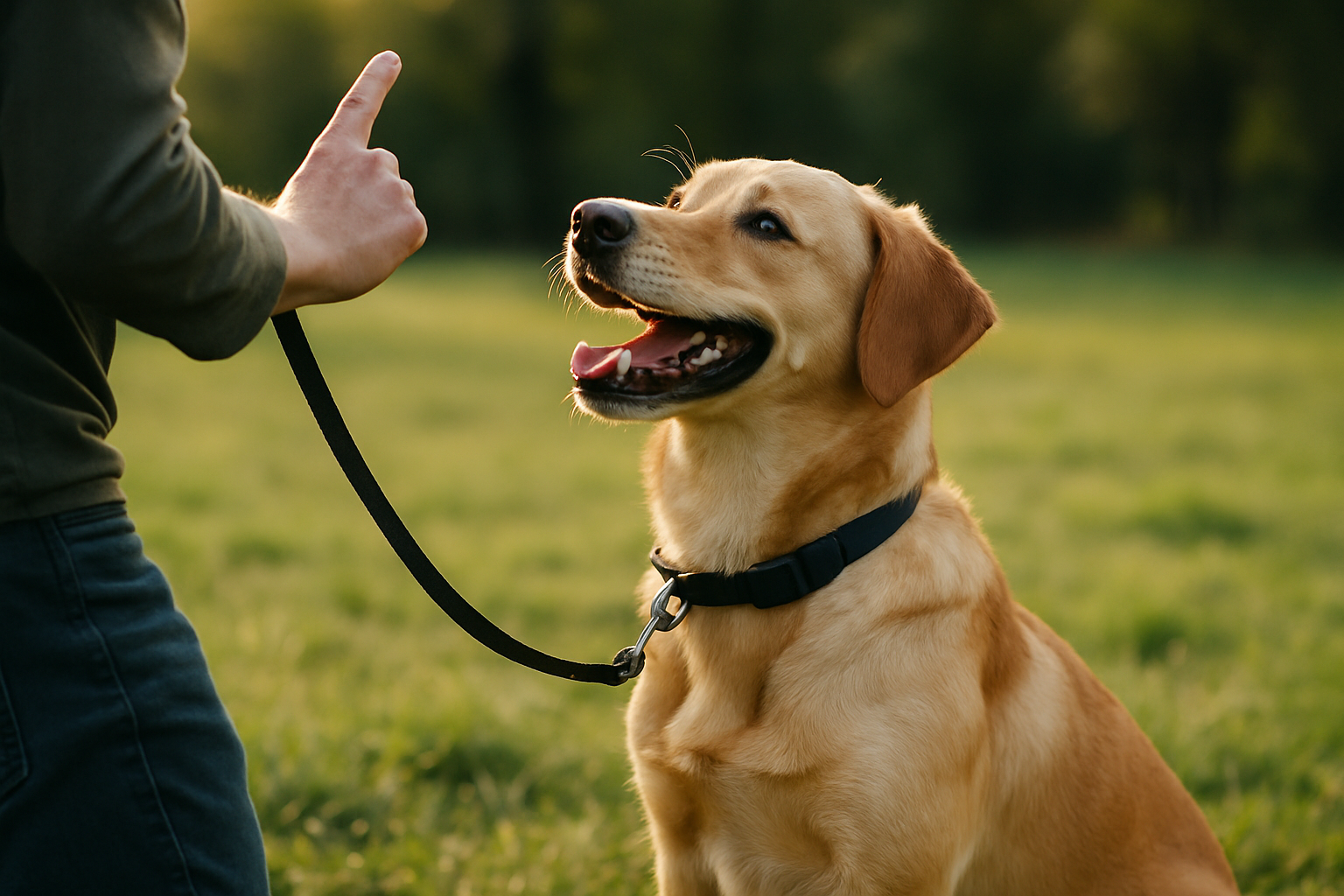 A golden retriever puppy in a calm down position on a soft mat indoors, with a blurred owner's hand offering a treat. The puppy's body is relaxed and fully extended on the ground, demonstrating the correct down position. Soft natural lighting from a window creates a warm, encouraging training environment.