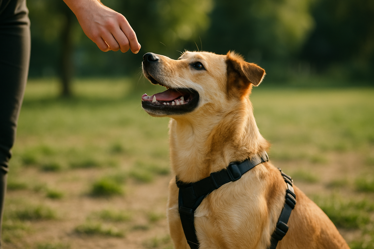 A young golden retriever puppy with all four paws on a light-colored elevated dog bed in a calm, well-lit living room. The puppy appears focused and content, with a soft expression. A human hand is visible offering a small treat, and the background shows a peaceful home environment with neutral tones. The scene captures the moment of positive reinforcement during the place command training.