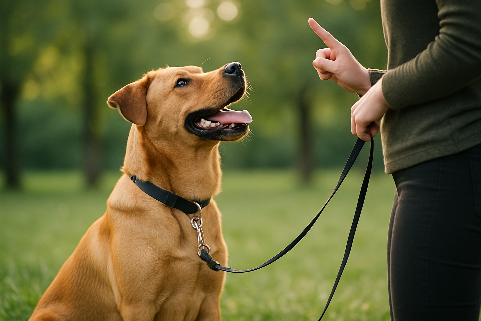 A golden retriever puppy on a loose leash walking calmly past a black and white border collie on the opposite side of a tree-lined sidewalk. Both dogs are relaxed with soft body language and loose leashes, while their owners stand confidently in the background. Dappled sunlight filters through the trees, and the scene conveys peaceful, controlled dog-to-dog interaction during a walk.