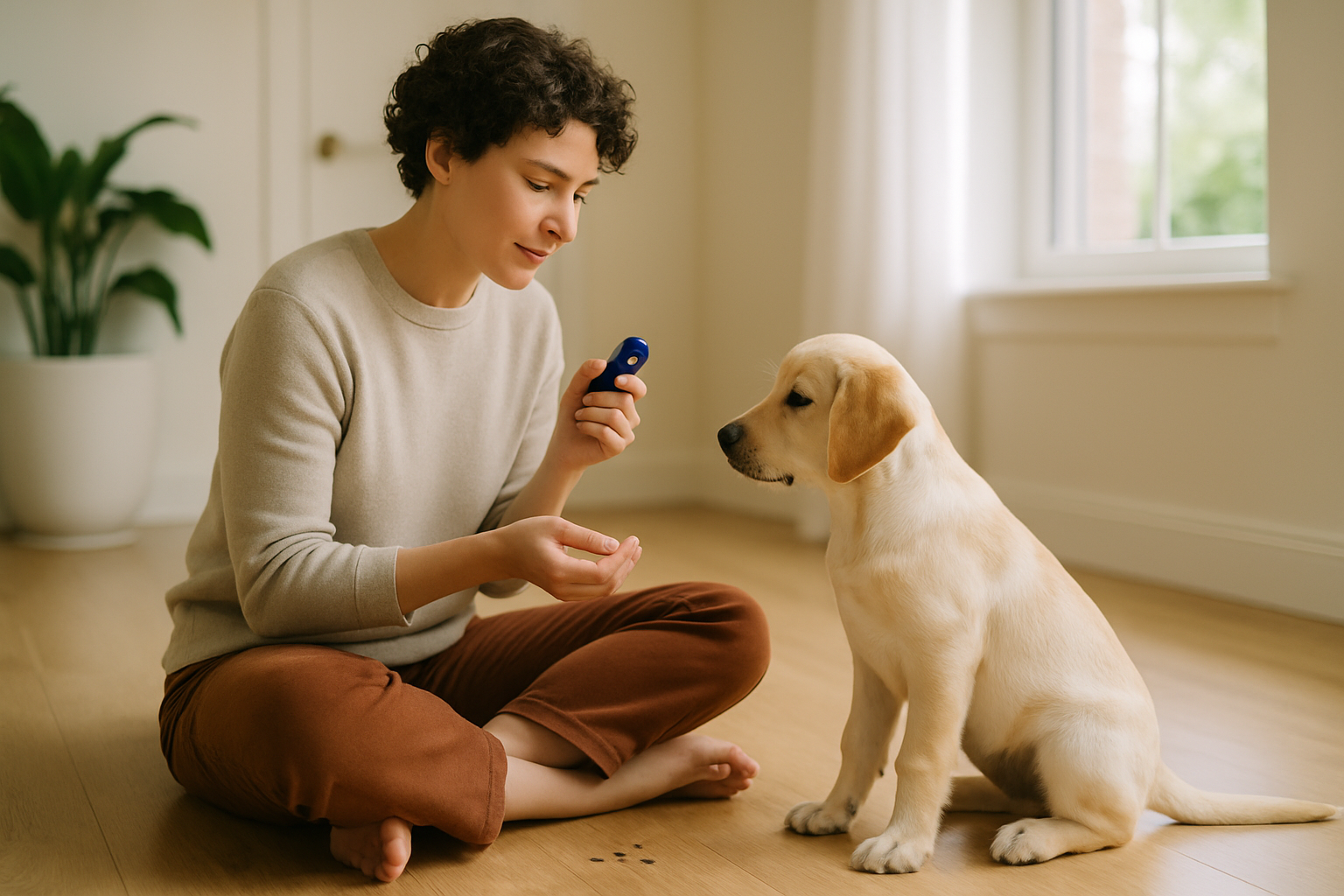 A young golden retriever puppy sitting attentively in front of a smiling woman in a bright, quiet living room. The woman is holding a small treat near the puppy's nose, and the puppy's rear end is firmly planted on a light wooden floor. Natural sunlight streams through a window in the background, creating a warm, encouraging training environment. The puppy's ears are perked up and eyes focused on the trainer, demonstrating engaged attention during a positive reinforcement training session.