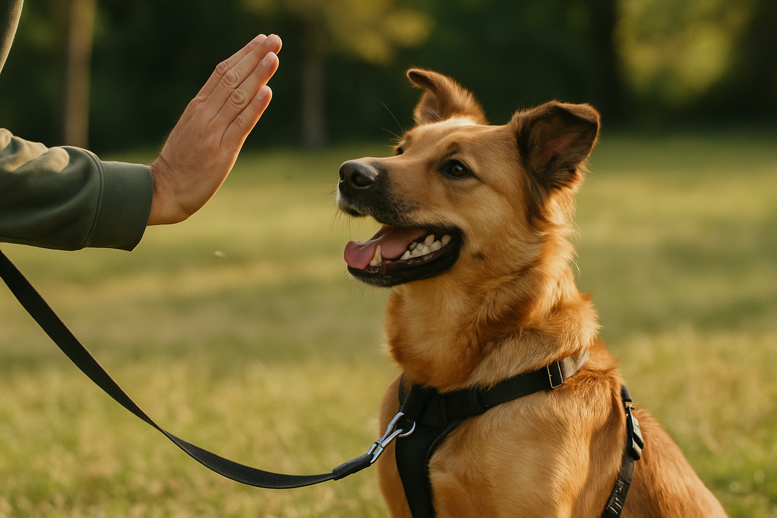 A young Golden Retriever puppy walking calmly beside an owner on a loose lead through a park. The puppy is in a front-clip harness, walking at the owner's left side with the lead slack and relaxed. The puppy is looking ahead contentedly, not pulling or lunging. The owner appears relaxed and happy, rewarding the puppy with a treat. Soft natural lighting, green grass and trees in the background, conveying a pleasant, successful training moment.