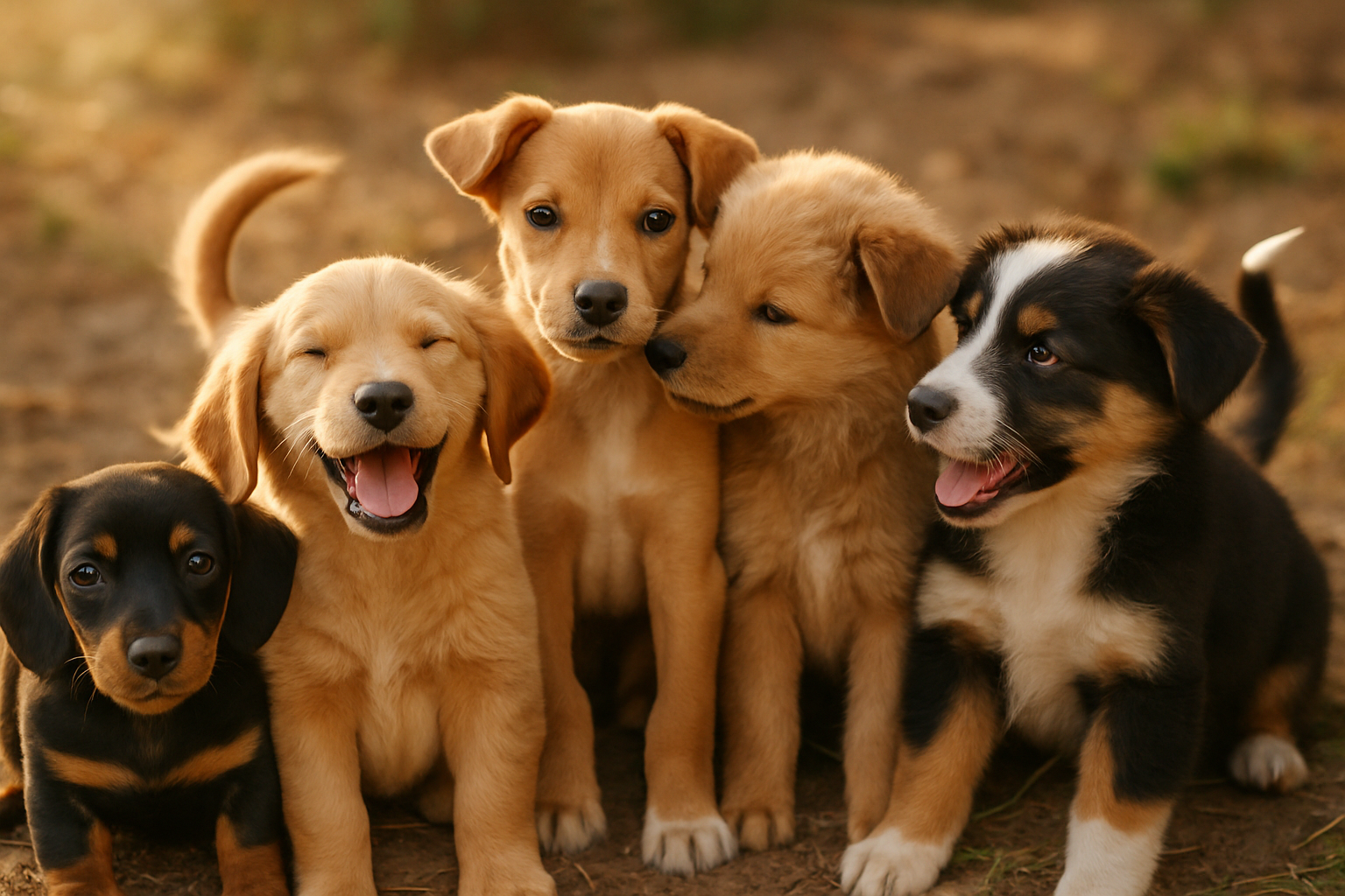 A close-up photograph of a young golden retriever puppy's face showing relaxed, soft eyes with a slightly open mouth and gentle expression. The puppy's ears are in a neutral, slightly forward position, and their overall facial features appear calm and content. The background is softly blurred with warm, natural lighting that highlights the puppy's fur texture. This image captures the peaceful, happy expression that indicates a puppy feeling safe and comfortable.