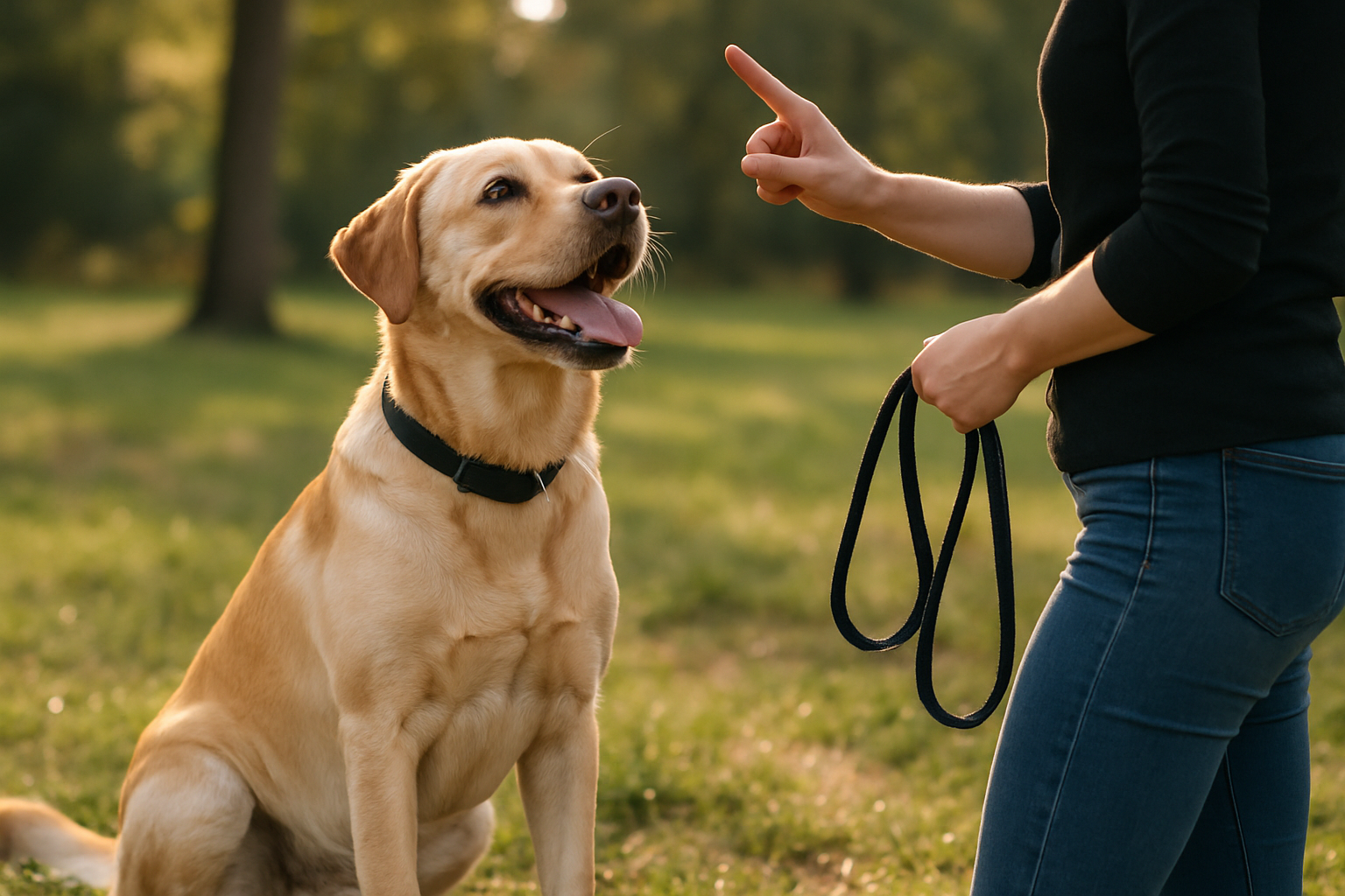 A golden retriever puppy, approximately 3-4 months old, gently mouthing the extended finger of a smiling adult's hand during a training session. The puppy appears playful with soft eyes and relaxed body posture. In the background, blurred puppy toys including a rubber teething ring and soft plush toy are visible on a light wooden floor. The scene captures a positive training moment with natural indoor lighting, conveying gentle guidance rather than aggressive behavior.