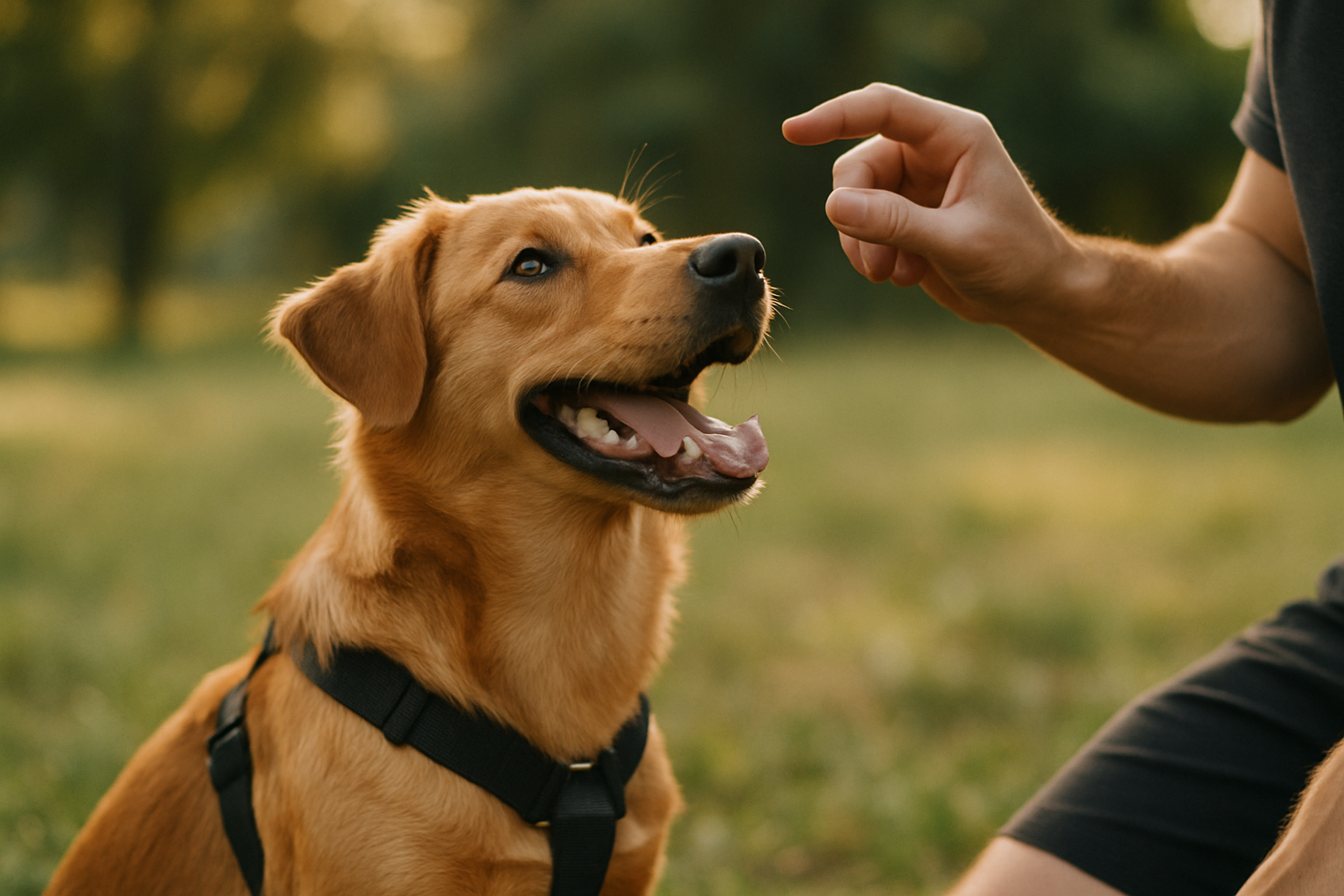 A gentle scene showing a young puppy on a loose leash standing calmly beside their owner in a quiet backyard. The puppy appears relaxed and curious, sniffing the grass while the owner holds the leash loosely without tension. Soft natural lighting and a calm expression on the owner's face convey patience and positive reinforcement. The puppy's body language shows comfort rather than fear or resistance.